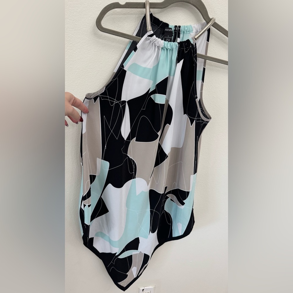 Alfani Black and Light Blue Sleeveless Top with chain neck detail.